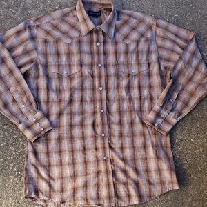 Panhandle Slim Brown Plaid Button Front Pearl Snap Western Shirt 16 34 L